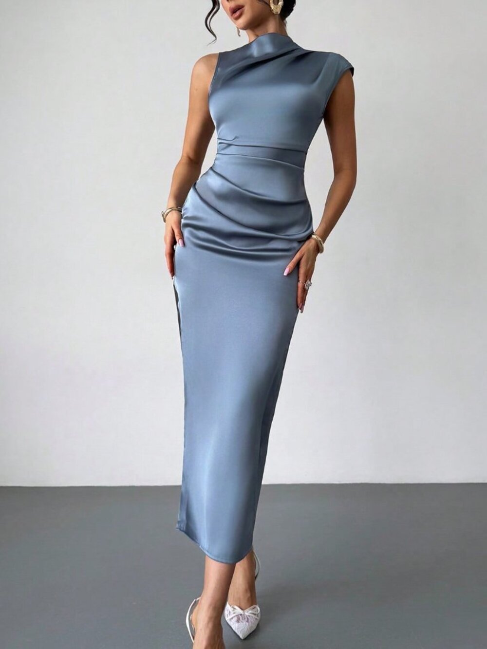 Blue Elegant Women's Asymmetric Zipper Split Thigh Long Fitted Dress